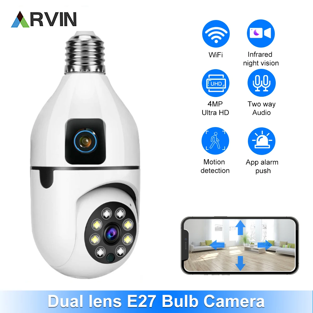 New E27 Wifi Dual Lens Camera 1080P 5MP 4K PTZ Surveillance Camera WiFi CCTV Outdoor IP Camera Security Smart Home AI Tracking