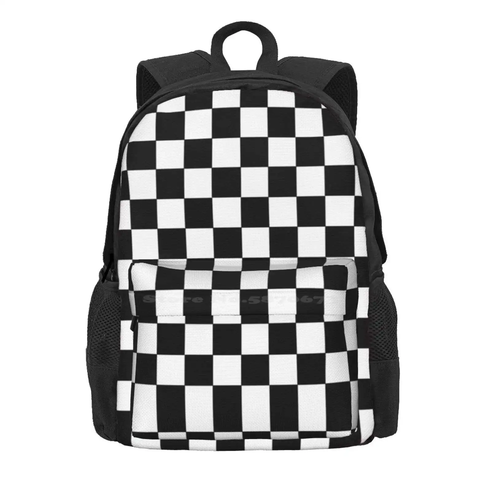 Checkered Black And White Hot Sale Schoolbag Backpack Fashion Bags Squares Black White Four Sides Shape Fun Checkered Abstract