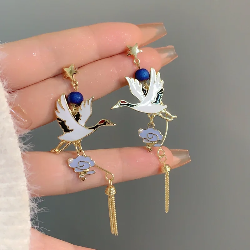 E014 Chinese Style Crane Drop Earrings,Metal Glaze Bird Dangle Earrings,Fashion Accessories Wholesale