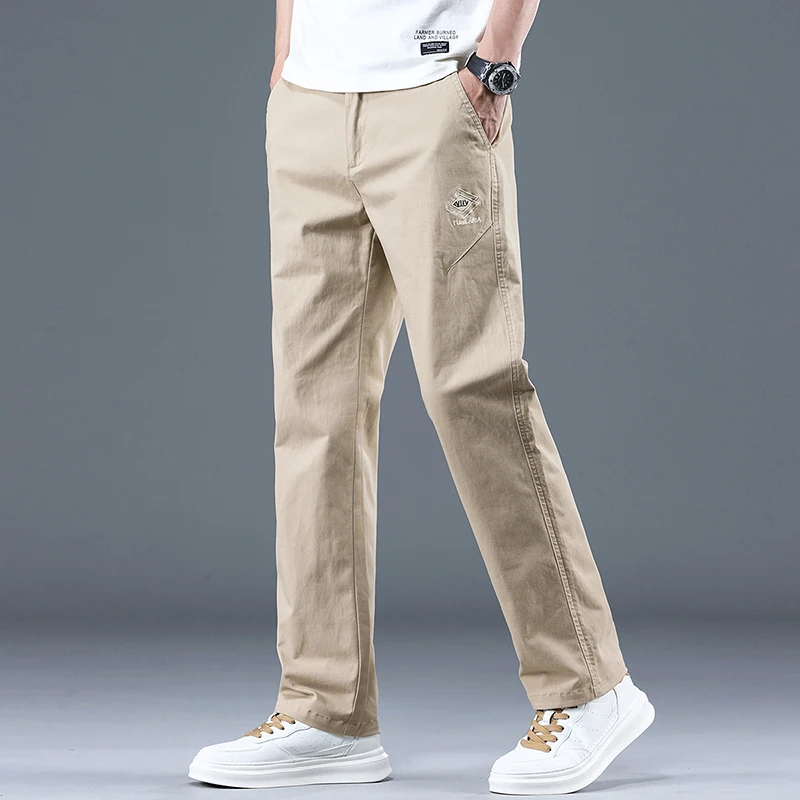

Мужские летние хлопковые повседневные брюки 2025, легкие свободные брюки прямого кроя, дышащие брюки с эластичной резинкой на талии и несколькими карманами