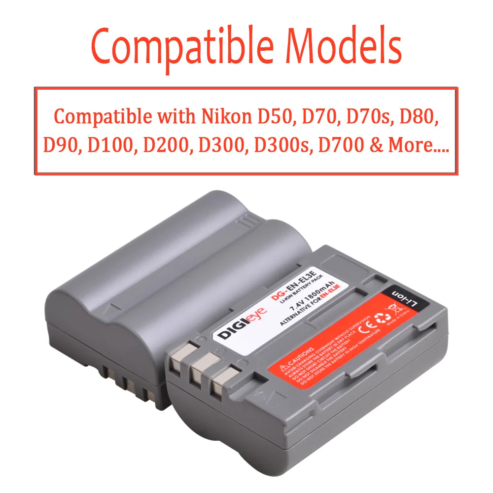 EN-EL3e ENEL3E Battery OR LED Dual Charger with Type C for Nikon D50, D70, D70s, D80, D90, D100, D200, D300, D300S, D700