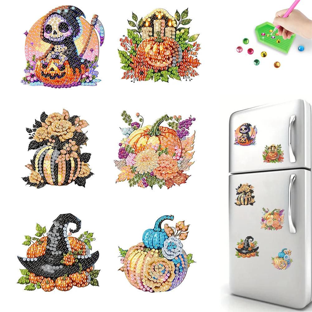 6Pcs Acrylic Pumpkin Fridge Stickers Diamond Art Magnets Decals Diamond Painting Refrigerator Magnet for Fridge Whiteboards