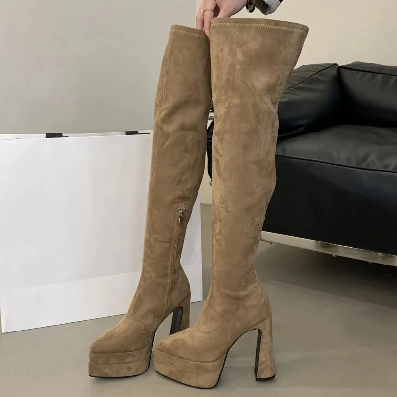 

Aneikeh/женские сапоги выше колена на массивной платформе с острым носком, модная обувь на высоком каблуке, зимние высокие длинные ботильоны до бедра