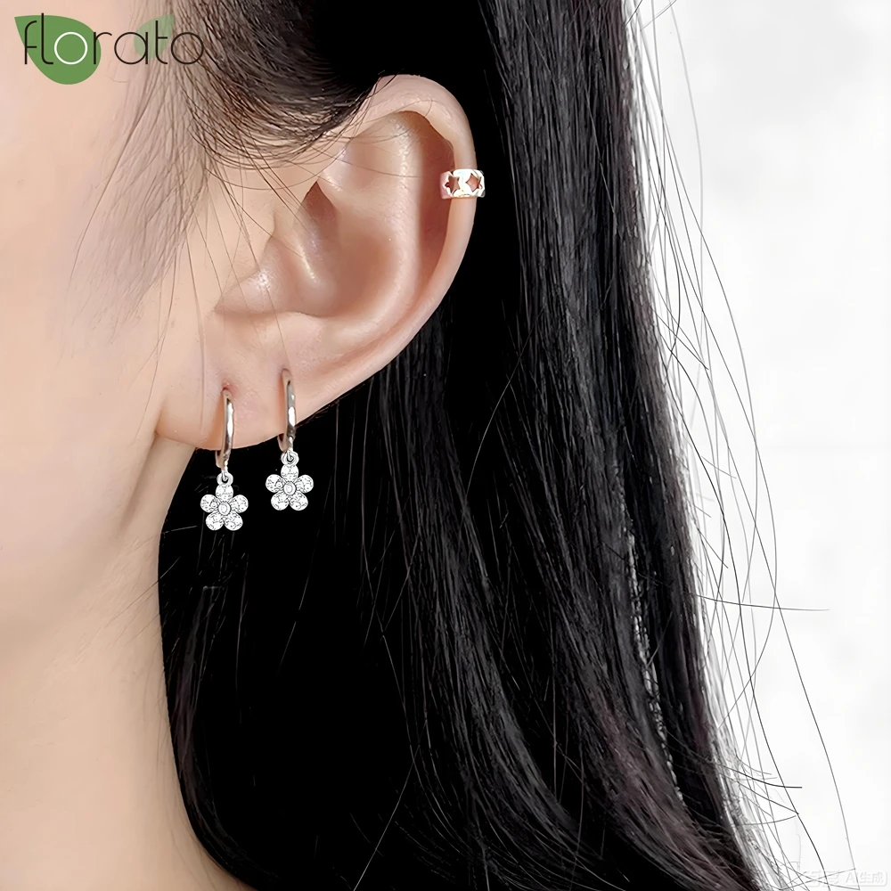 

925 Sterling Silver Needle Flower Pendant Small Hoop Earrings for Women Trendy Elegant Wedding Party Eardrop Jewelry Accessories