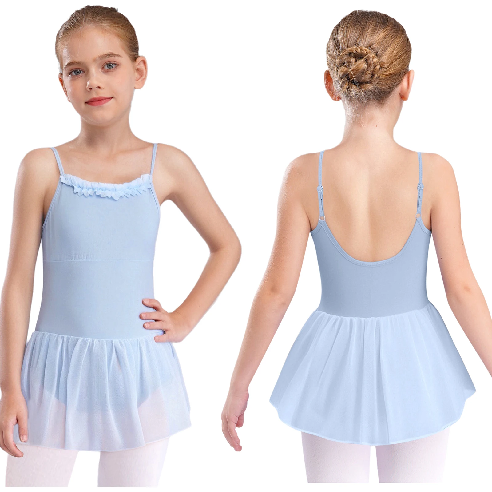 

Kids Girls Lyrical Ballet Dance Dress Ruffled Neck Sleeveless Adjustable Spaghetti Straps U-Back Tutu Dress Ballerina Dancewear