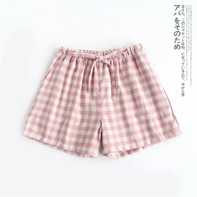 Couple pajamas summer cotton gauze shorts Japanese style simple elastic waist casual large size lattice men and women home pants