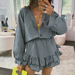 hirigin Women Retro Aesthetic 2Piece Outfits Skirts Sets Plaid Print Long Sleeve Button Shirts High Waist Layered Mini Skirts