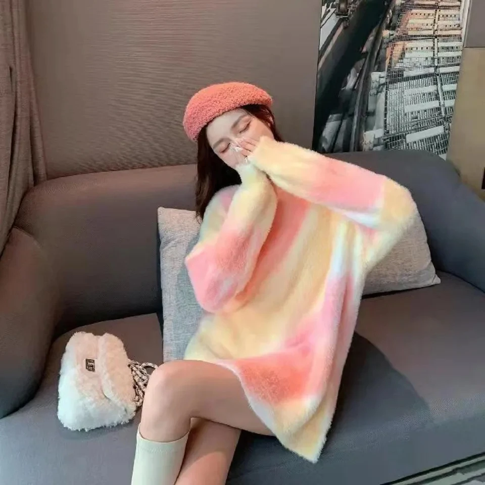 

Sweet Gentle Rainbow Gradient Imitation Mink Sweater Women Outside Wear Loose Long Warm Sweater Fall Winter Soft Waxy Knit Tops