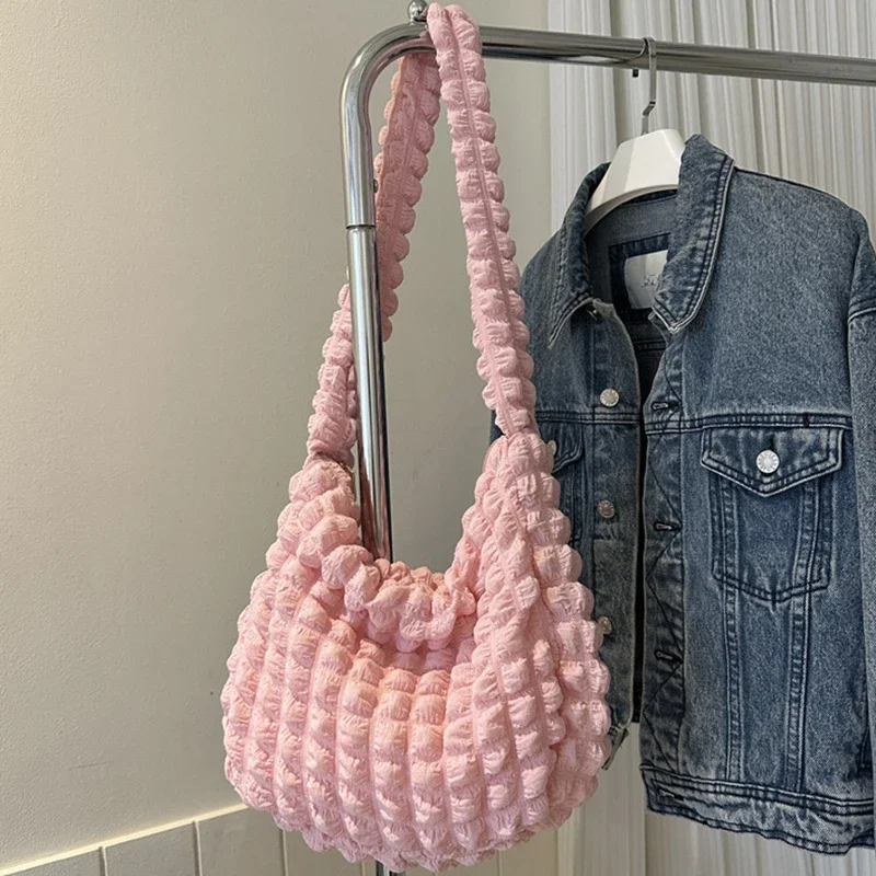 Large Capacity Shoulder Embroidered Plaid Quilted Crossbody Bag Underarm Bag Tote Bag Pleated Bubbles Handbag