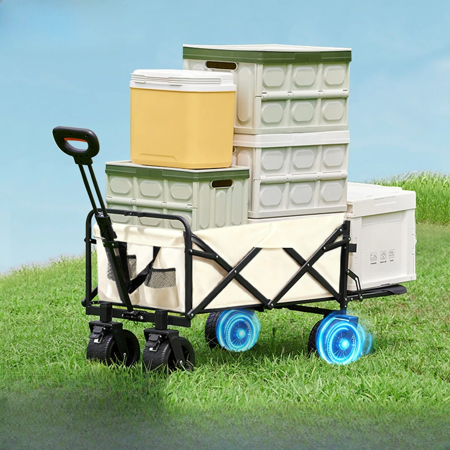 Electric Camping Cart, Foldable Outdoor Wagon with Power Assist, Portable Pull Trailer for Camping & Picnic