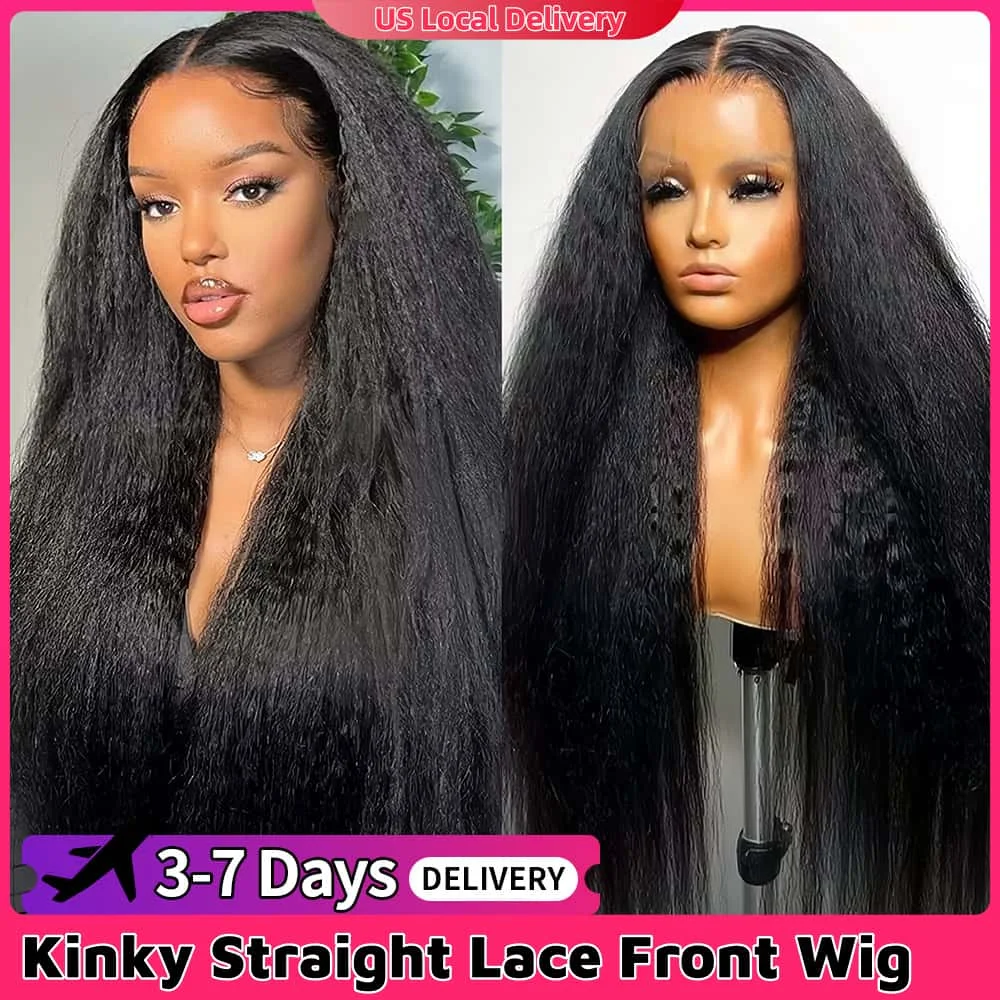 

High Quality Natural Black 13x4 HD Kinky Straight Lace Frontal Human Hair Wigs Pre Plucked Yaki Kinky Lace Front Wig For Women