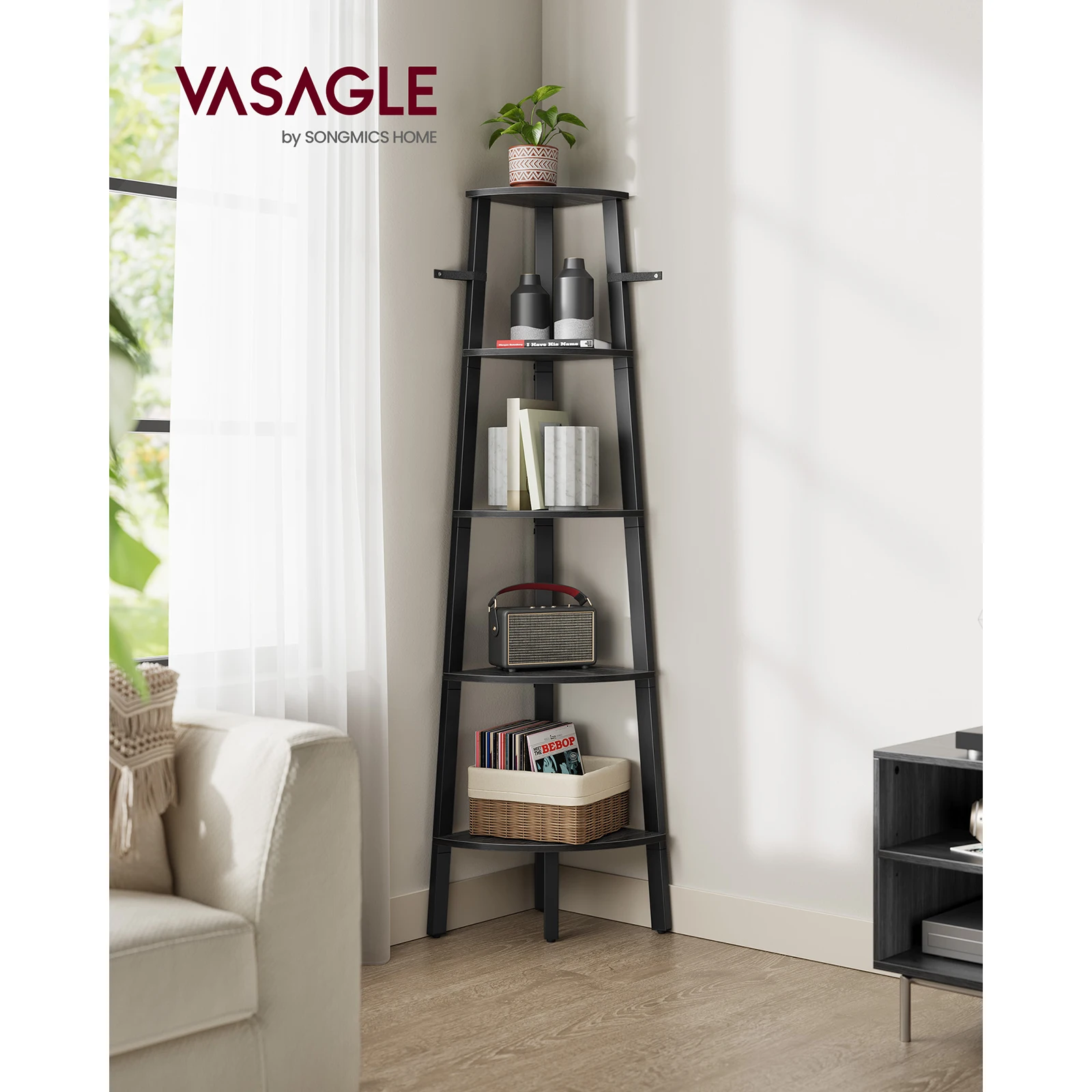 VASAGLE 5-Tier Corner Shelf, Ladder Style. Living Room Bookshelf/Plant Stand. Industrial Accent Furniture.