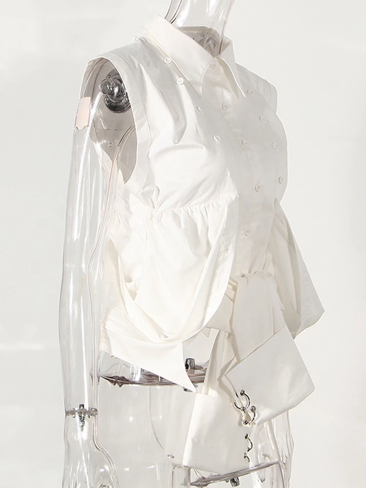 [EAM] Women White Ways Wear Irregular Short Blouse New Lapel Long Sleeve Loose Fit Shirt Fashion Tide Spring Summer 2024 1DD9696