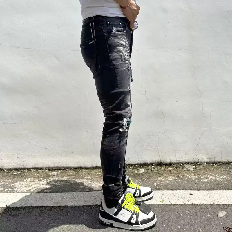 Latest Designer Street Fashion Men's Slim Fit Jeans Vintage Black Grey Elastic Split Jeans Men's Vintage Long Pants Spliced Hip