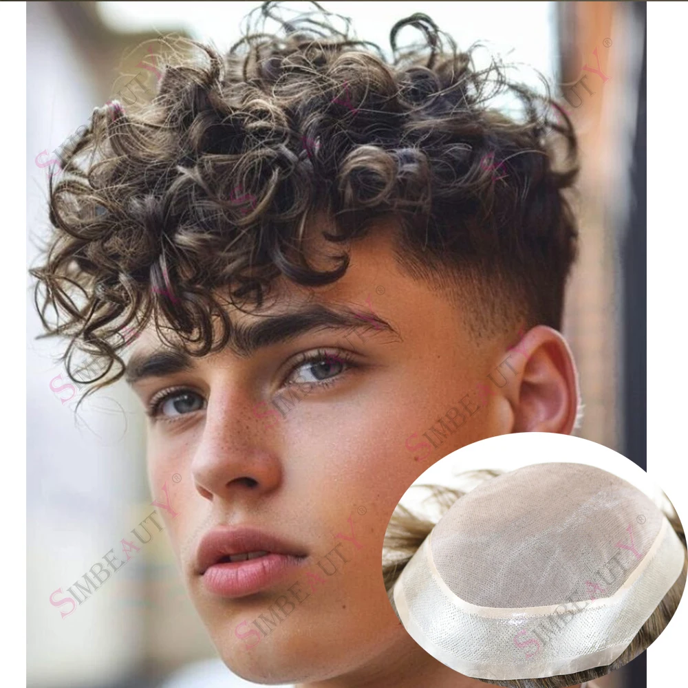 

20mm Curly Mens Toupee 100% HumanHair Undetectable Mono&Thin PU Super Durable Natural Hairline Brown Black 15mm Afro Hair System