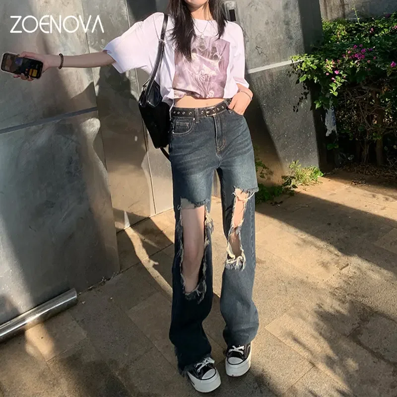 ZOENOVA Y2K Wide Leg Pants New Women's Fashion Tyrande Island Free Loose All Match Denim Jean Lengthened Classic Holes Two Types