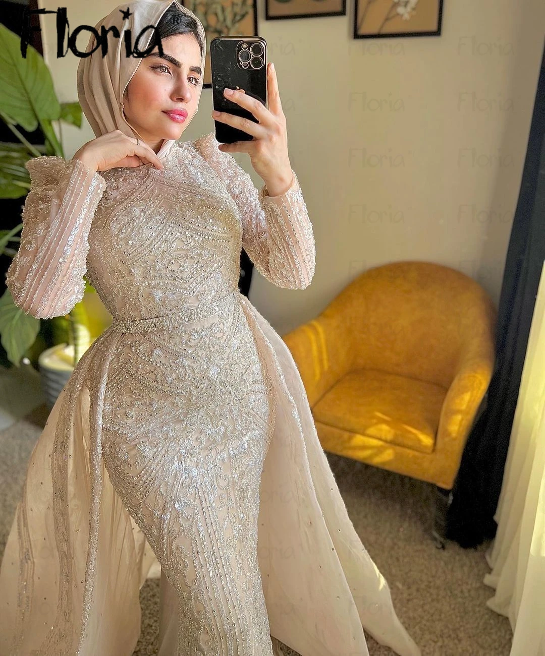 Vestido de novia Mulim Middel East, precioso vestido de novia con tren desmontable, bordado completo con cuentas, talla grande, hecho a medida, 2023