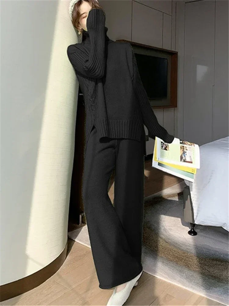 Autumn Winter 2 Pieces Women Sets Knitted Tracksuit 2024New Turtleneck Sweater and Wide Leg Jogging Pant Pullover Suits