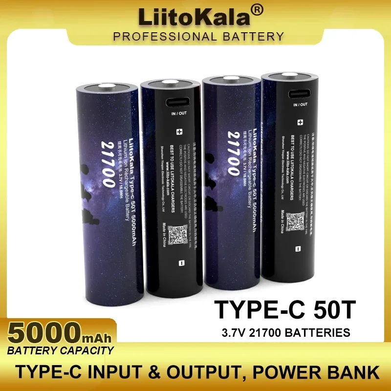 Liitokala-多機能リチウム電池,タイプC,タイプC, 50t,21700, 3.7v,5000mah,入力および出力,5v,オリジナル,2個