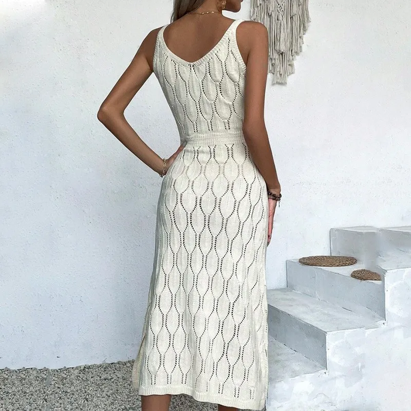 Women's Cover-up Hooded Dress Knit Midi Beach Dress V Neck Side Slit Swimwear Openwork Knit Mint Green Cover