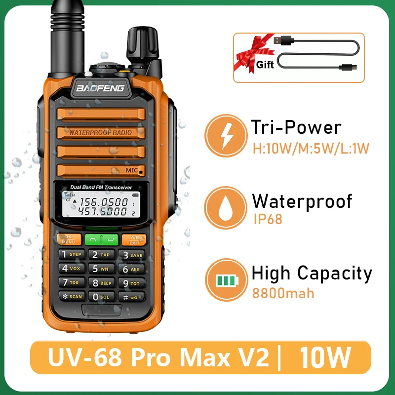 Baofeng UV-68 Pro Max V2 10W Walkie Talkie Orange IP68 Waterproof 8800mah Type C Charging High Power UV-S22 Pro UV-98 Pro Radio