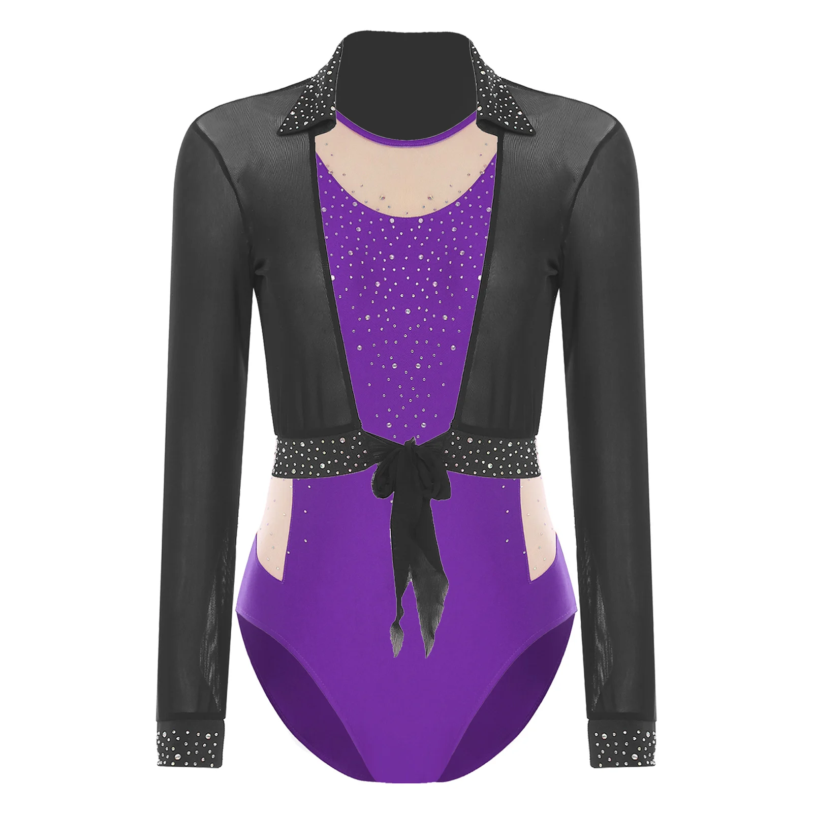 

Womens Elegant Ballet Dance Outfit Set Contrast Color Bodysuit with Open Front Cardigan Rhinestone Gymnastics Performance Wear