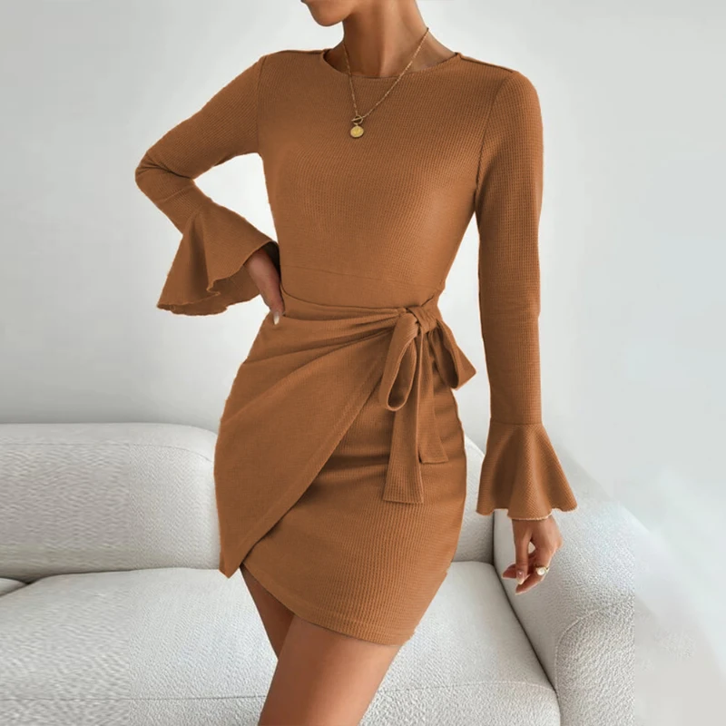 Women's New Round Neck Slimming Hip-hugging Waffle Long-sleeved Sexy A-line Dress