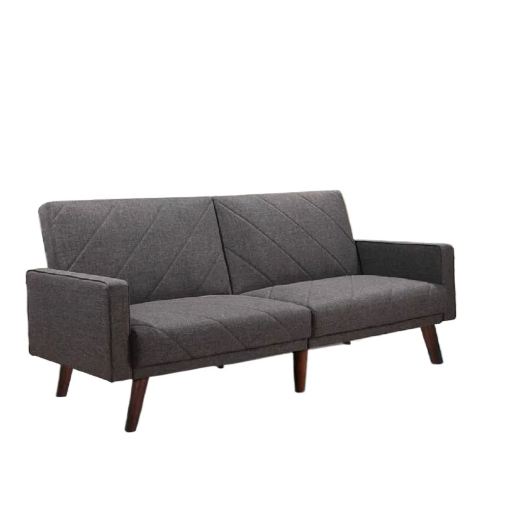 Gray Fabric Split Back Stitching Lines Design Futon Couch with Armrest, Mid Century Modern Convertible Sofa Bed