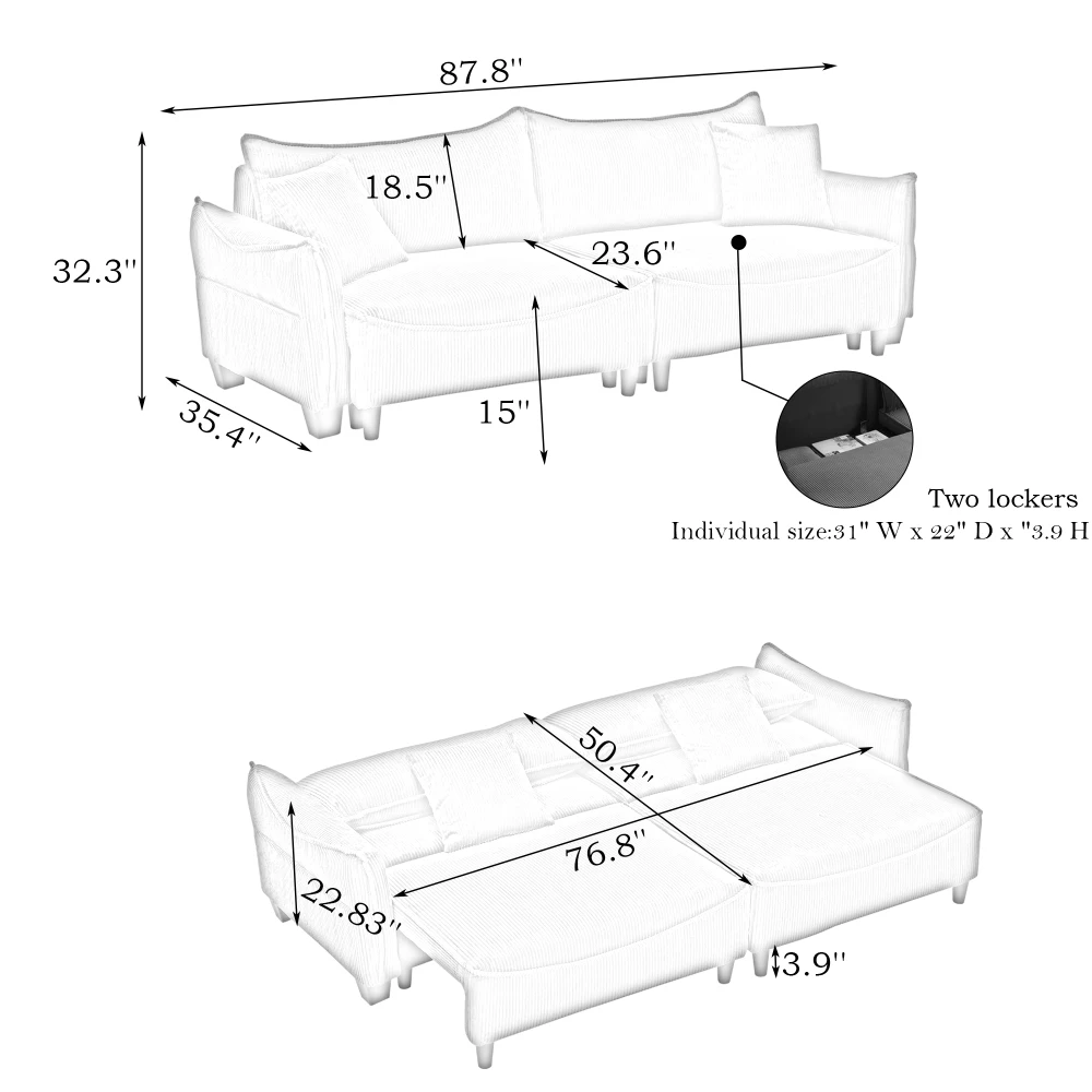 Comfortable Corduroy Fabric Sofa Couch with Two Throw Pillows Sofa Bed for Living Rooms  Home Furniture