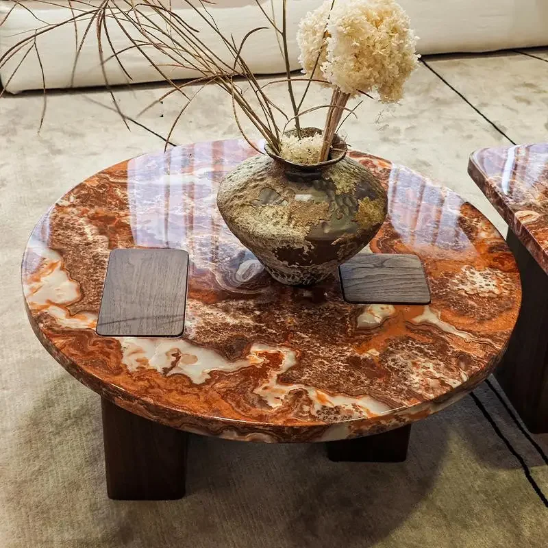 Italian Luxury Red Dragon Stone Nesting Tables-Designer Round Marble Coffee Set w/ Crimson for Premium Living Room Centerpiece