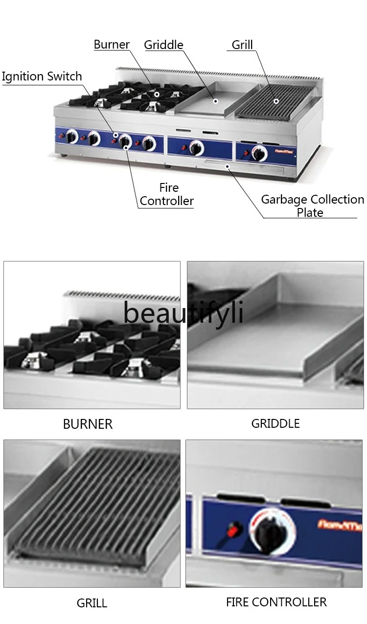 Z189 فرن مزيج مستقل للتحكم في درجة الحرارة للاستخدام التجاري، موقد أرز غاز بستة عيون #4