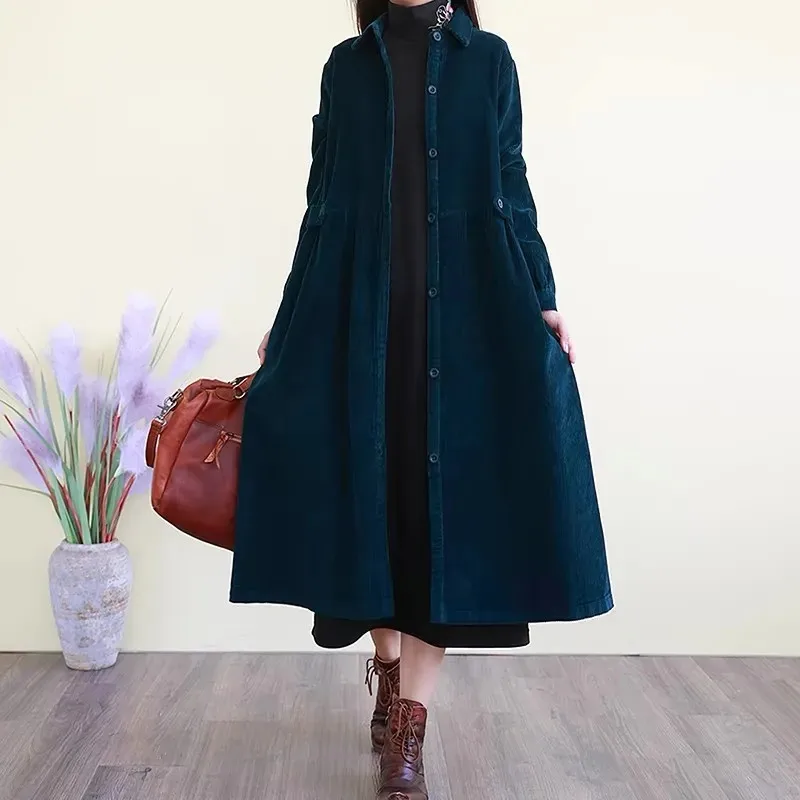 Retro Artistic Style Corduroy Trench Coat Women's Autumn Winter Single Breasted Casual Long Over The Knee Windbreaker Coat 2025