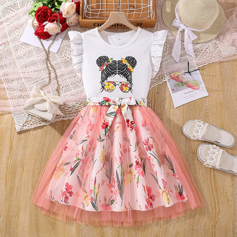 New Summer For 8-12 Years  Girls White  Flying Sleeve Top Pink Printed Tulle Skirt & Belt Casual Style Fashion Trend Daily  Sets