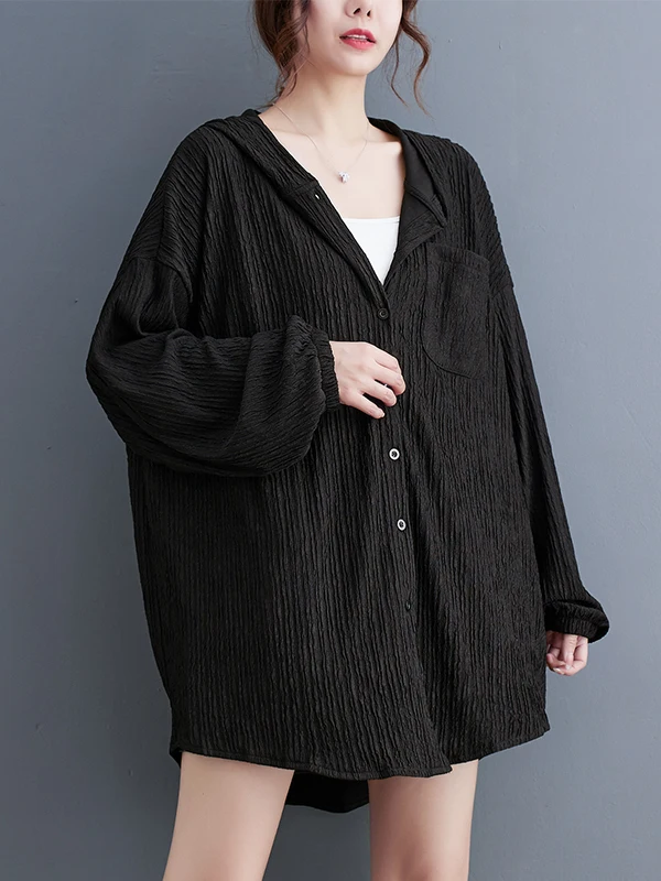 Retro Hong Kong Style Loose Fit Long Sleeve Black Jacket with Hood Fashionable Slimming Large Size Women's Top for Autumn