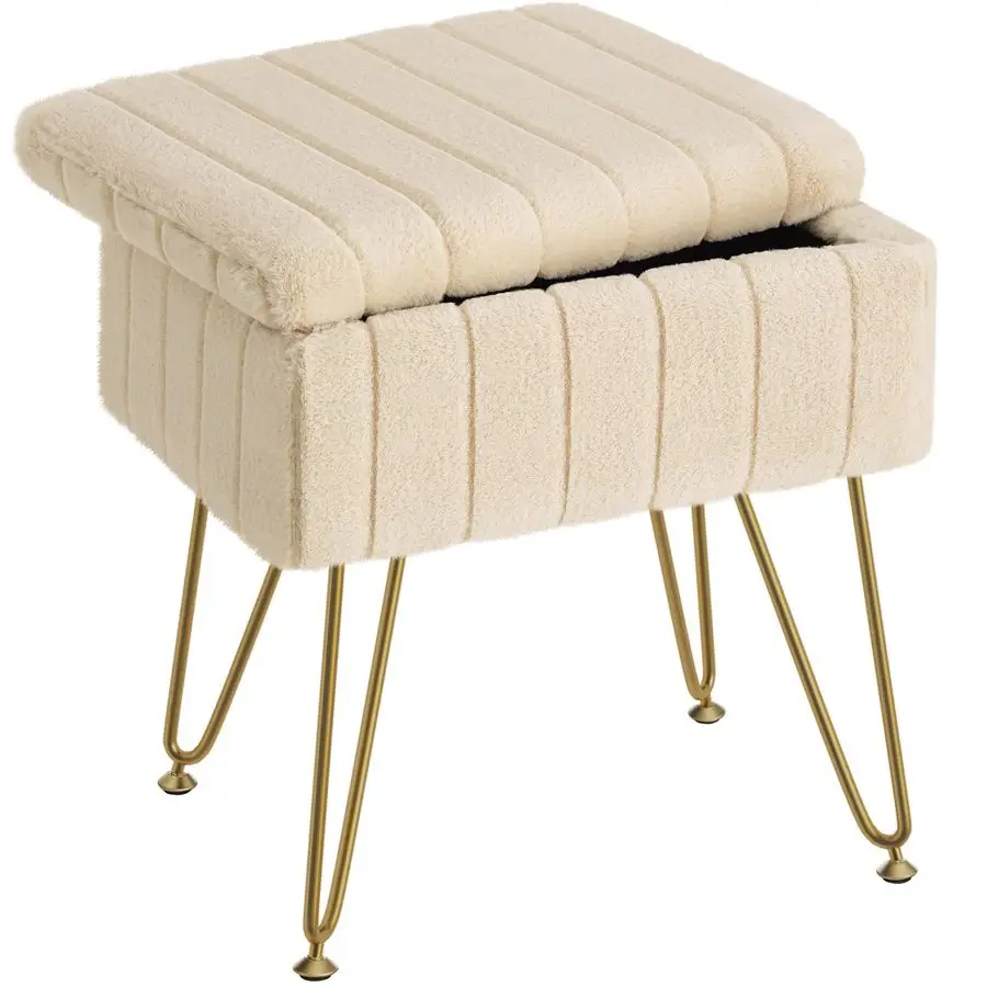 

Stool Chair Faux Fur with Storage, 15.7L x 11.8W x 19.4H Soft Ottoman 4 Metal Legs with AntiSlip Feet, Furry Padded Seat,
