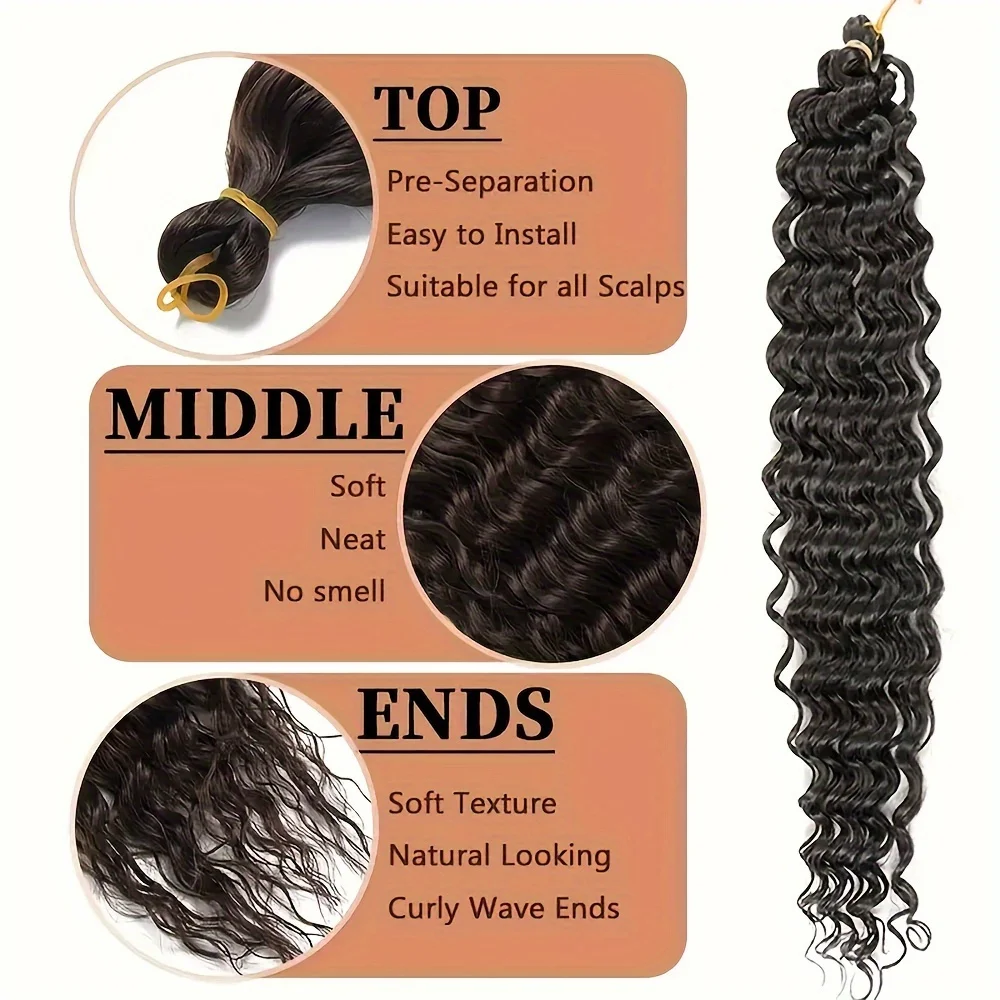 Twist onda profunda sintética Crochet extensões de cabelo para mulheres, perucas tranças encaracoladas, cabelo brasileiro DIY, desgaste diário, 20in, 1pc