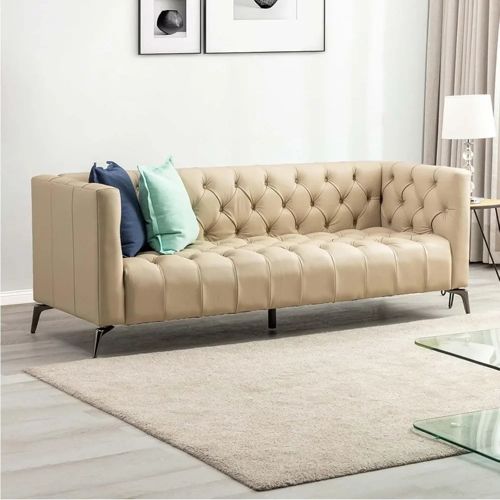 ButtonTufted 3-Seater Sofa with Square Arms,Mid Century Modern Upholstered Couch,85