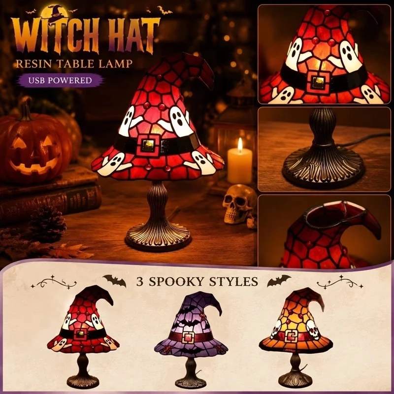 Stained Resin Witch Hat Lamp USB Powered Creative Table Lamp Night Light For Living Room Home Bedroom Decoration Halloween