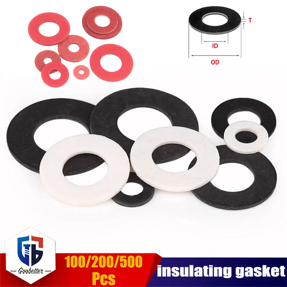100/200/500Pcs Black/White/Red M2 M2.5 M3 M4 M5 M6 M8 M10 M12 Insulating Flat Gasket OD 4mm-20mm ​Thickness 0.5mm 0.8mm 1mm