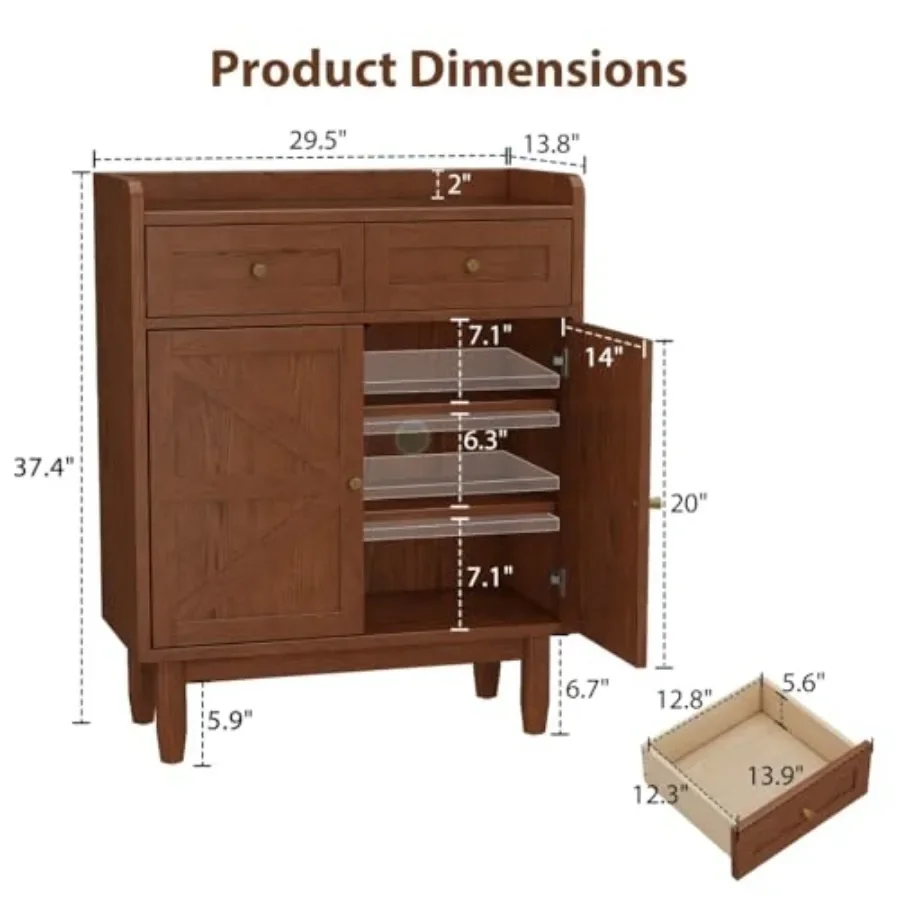 Entryway shoe cabinet: solid wood, natural walnut, 3-tier hidden storage with adjustable shelves drawers for farmhouse-style or