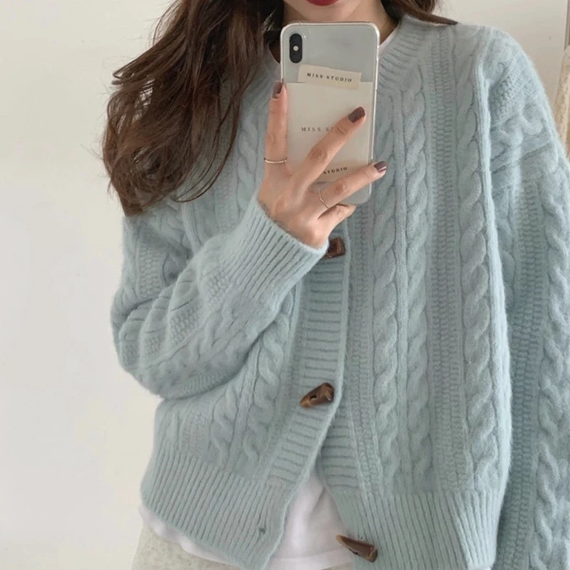 

Loose Knitted Blue Yarn Twist Sweater Women's Early Spring Faion Lazy Sle Outerwear Open Cardigan Top for Ladies