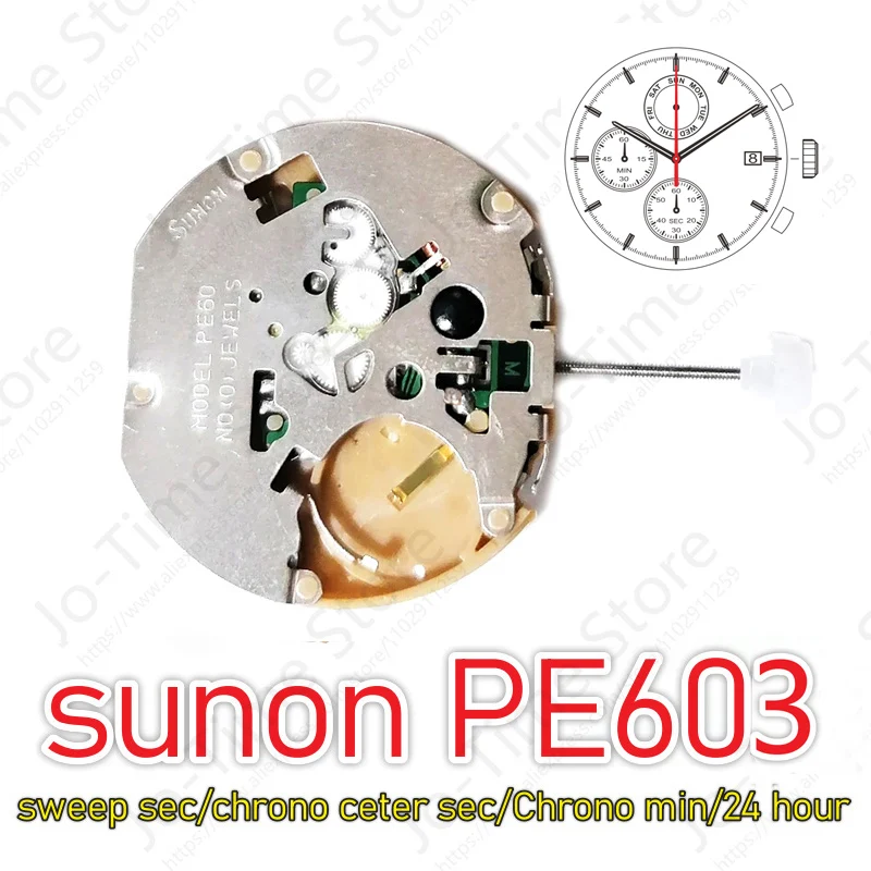 PE603 Movement Sunon PE60 Quartz Watch Sweep Second Chronograph 6/9/12 Small Hands Chrono Center Second/Chrono Min/24 Hour