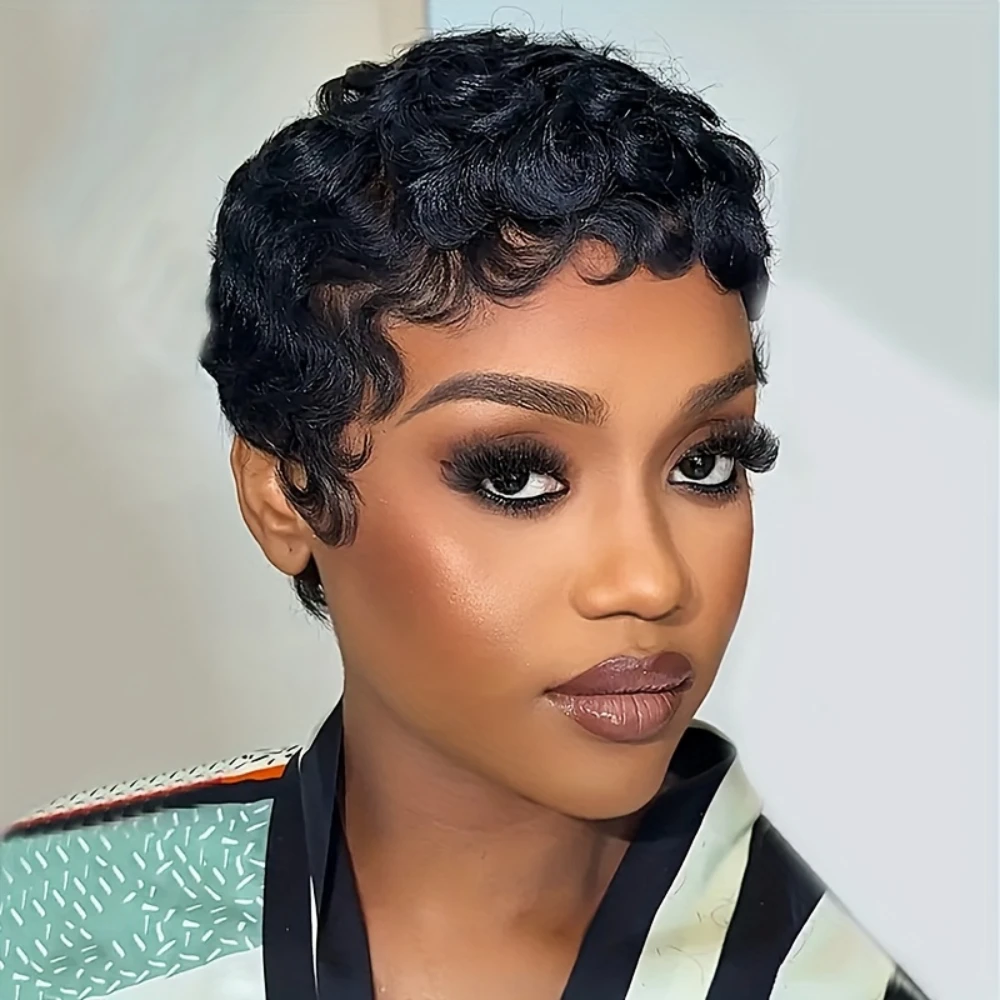 150% Density 6 Inch Pixie Cut Curly Wave Wig Short Human Hair Wigs For Women Full Machine Made Wig