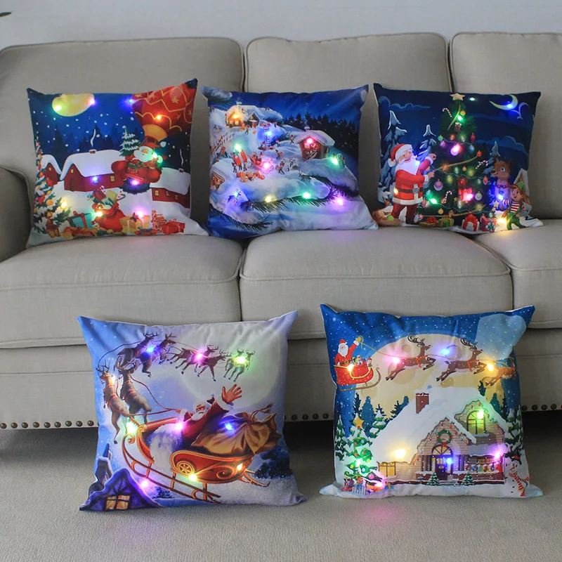 Fundas de almohada navideñas de dibujos animados, almohadas navideñas LED de 18x18 pulgadas con luces, decoración navideña para el hogar, decoración