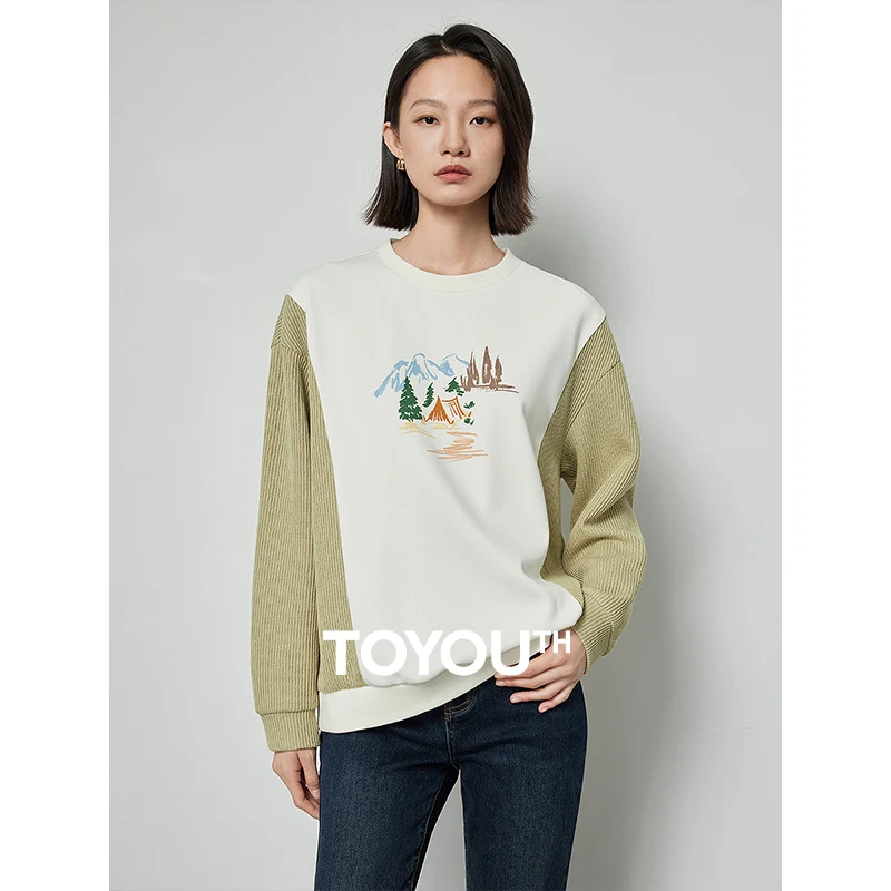 

TOYOUTH Women Sweatshirt 2024 Spring New Printed Patchwork Long Sleeve Round Collar Pullover Tops