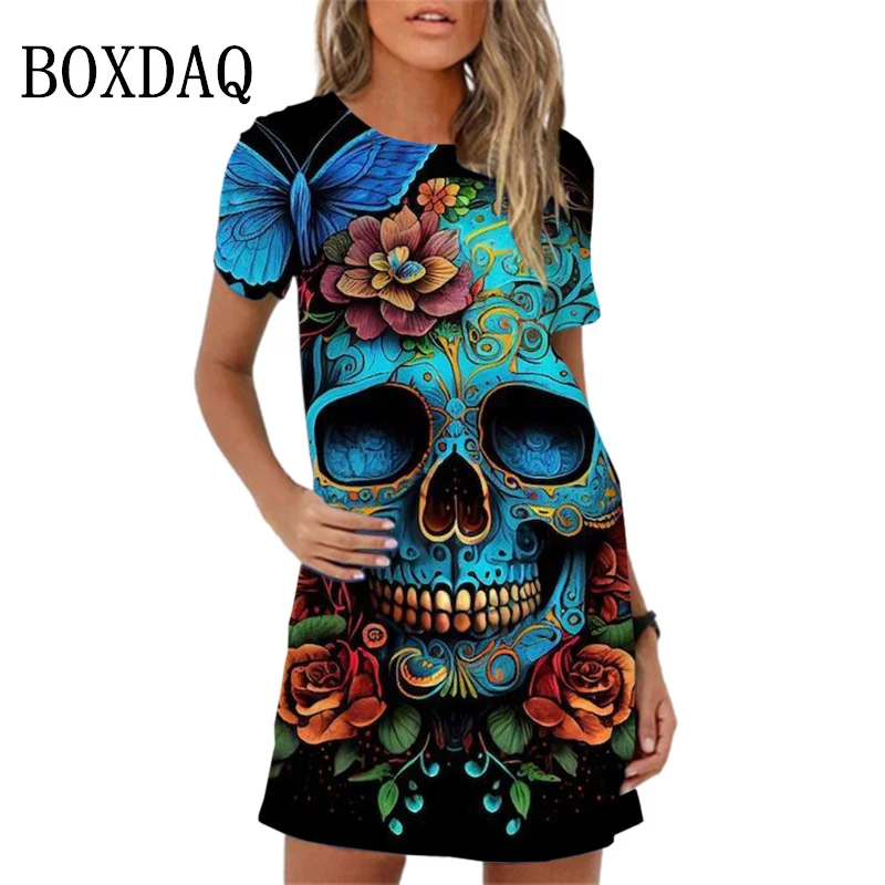 

Fashion Funny 3D Skull Pattern Print Women Dress New 2024 Floral Short Sleeve Casual A-Line Dress Summer Sundress Ladies