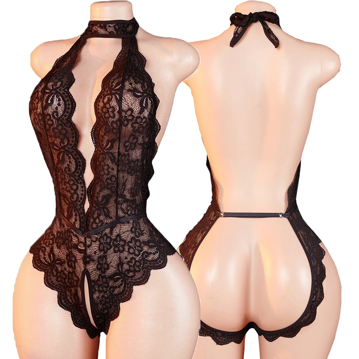 Sexy Lace Teddy For Women Crotchless Bodysuit Deep V Halter Backless See Through One Piece Lingerie Exotic Nightwear