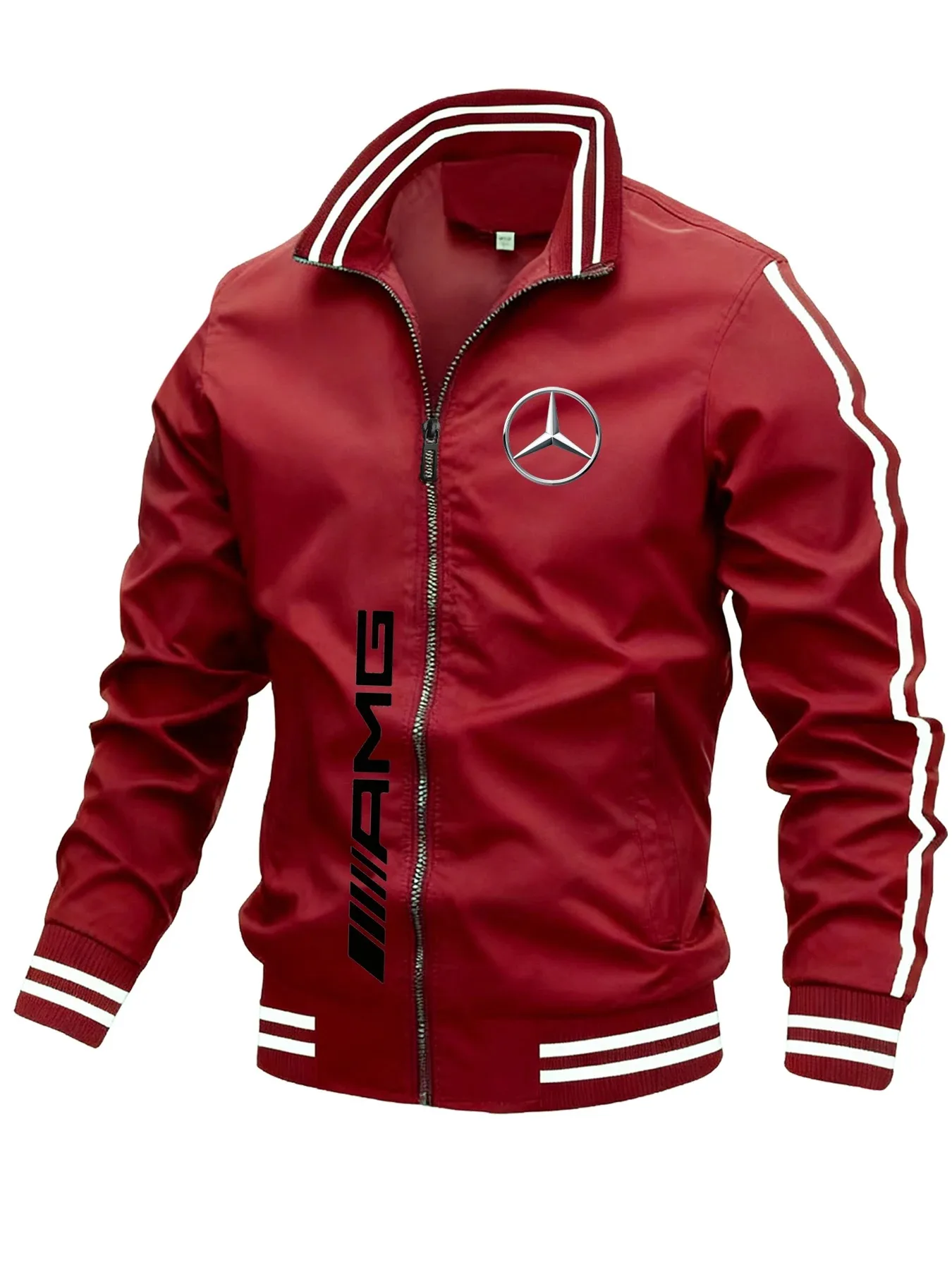 

Mercedes Benz men's casual stand up collar jacket, color blocked striped jacket, full zipper, solid color print