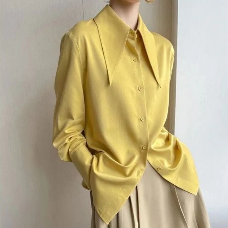 

French Style Women Yellow Blue Full Sleeve Full Sleeve Fashion Cardigan Top Shirt , Spring Fall Woman Clothing White Tops Shirts