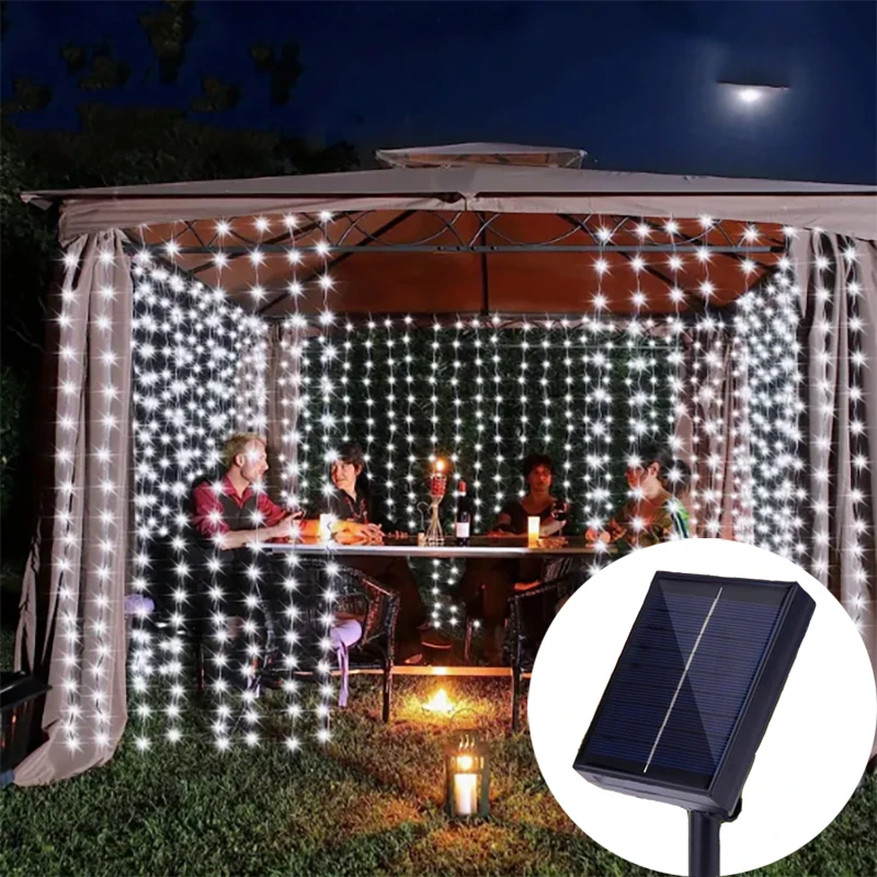 

Solar Powered 8 Modes Solar Curtain String Fairy Lights for Home Garden Patio Porch Backyard Wedding Party Christmas Decorations